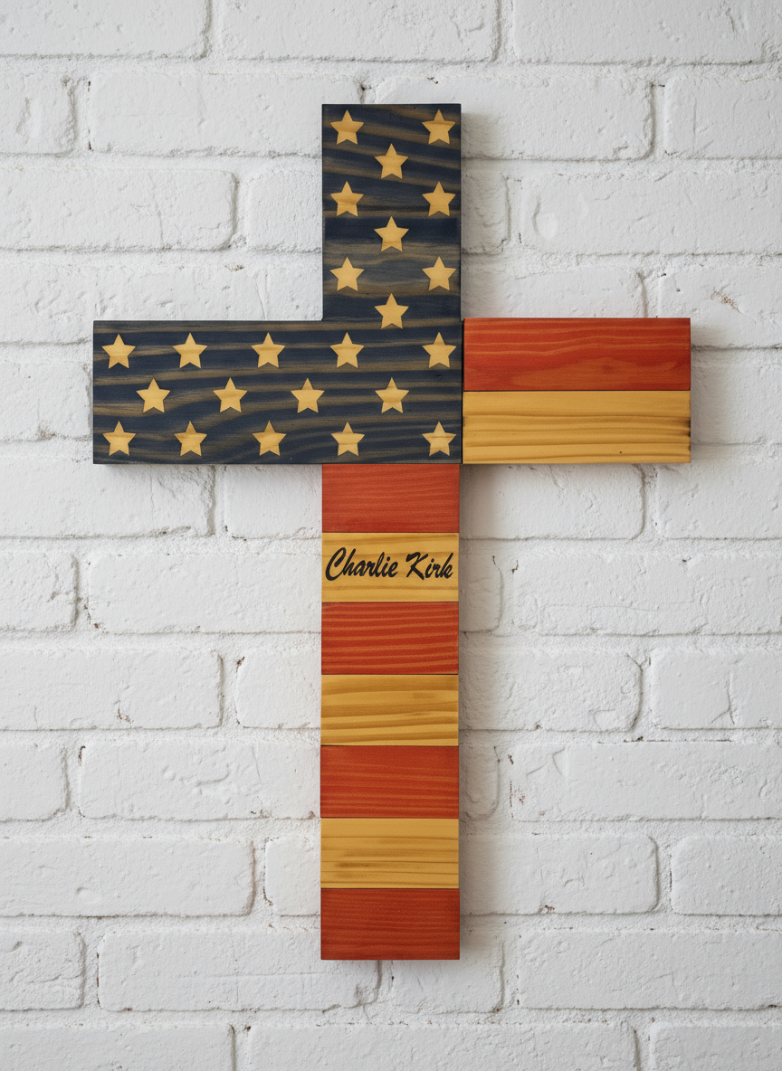 Charlie Kirk Cross White Brick Wall