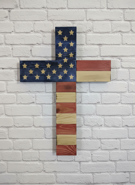 American Flag Cross White Brick Wall