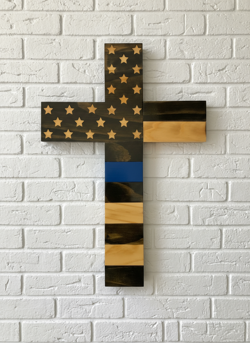 Blue Line Cross White Brick Wall