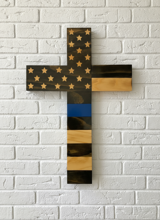 Blue Line Cross White Brick Wall