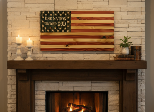 Wooden flag above fireplace - level